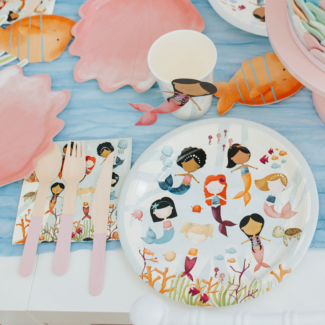 Cute mermaid birthday party paper plates and napkins