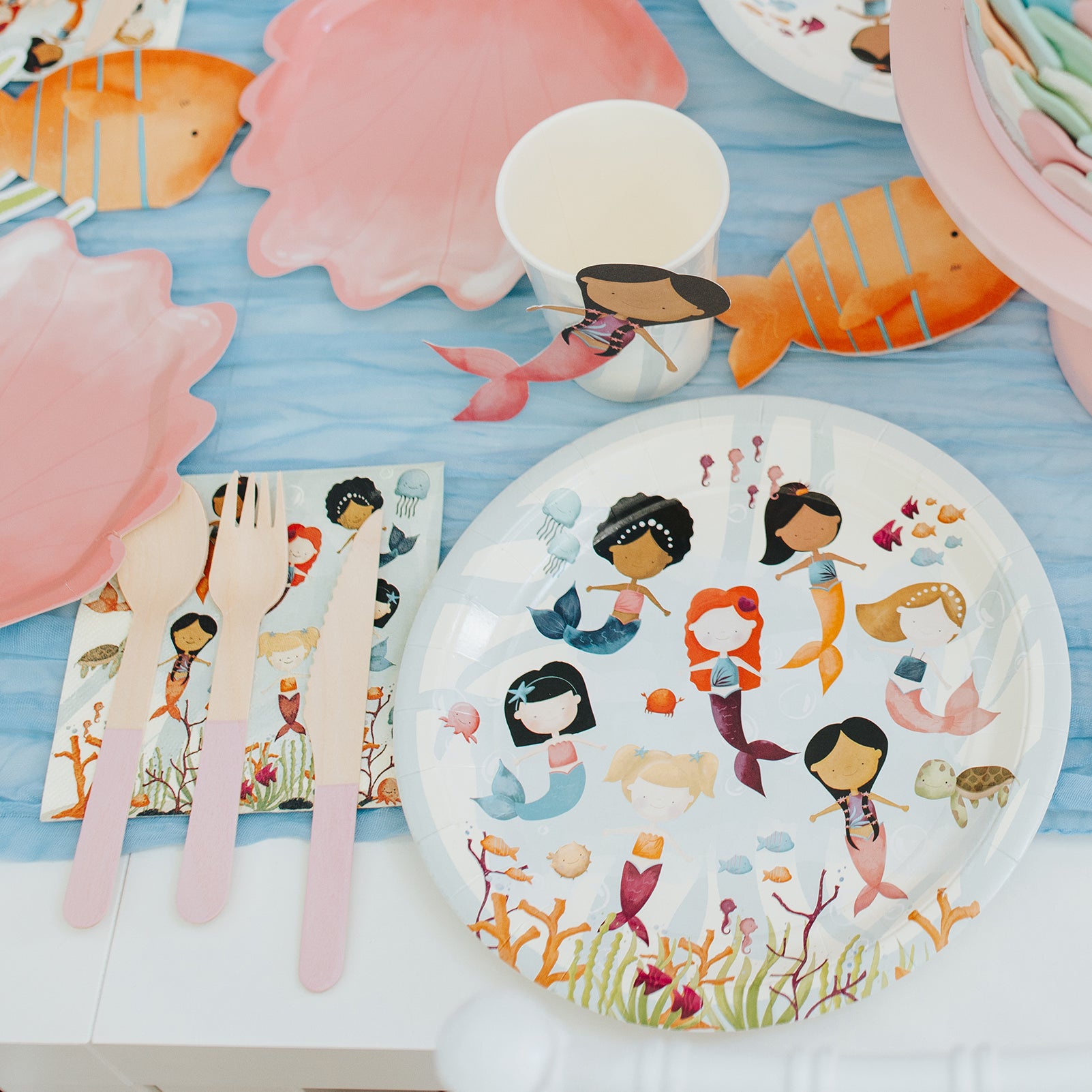 Cute mermaid birthday party paper plates and napkins