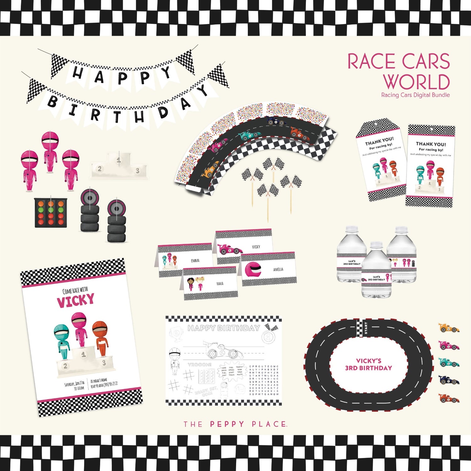 All Pink Race Cars Digital Party Bundle