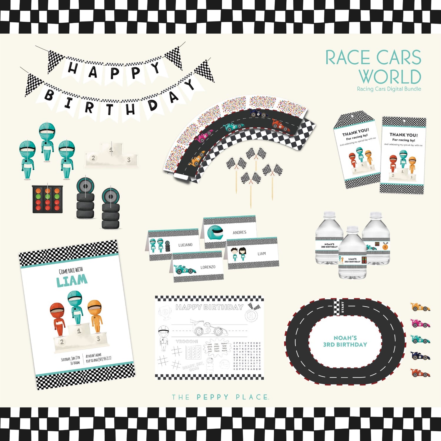 All Teal Race Cars Digital Party Bundle